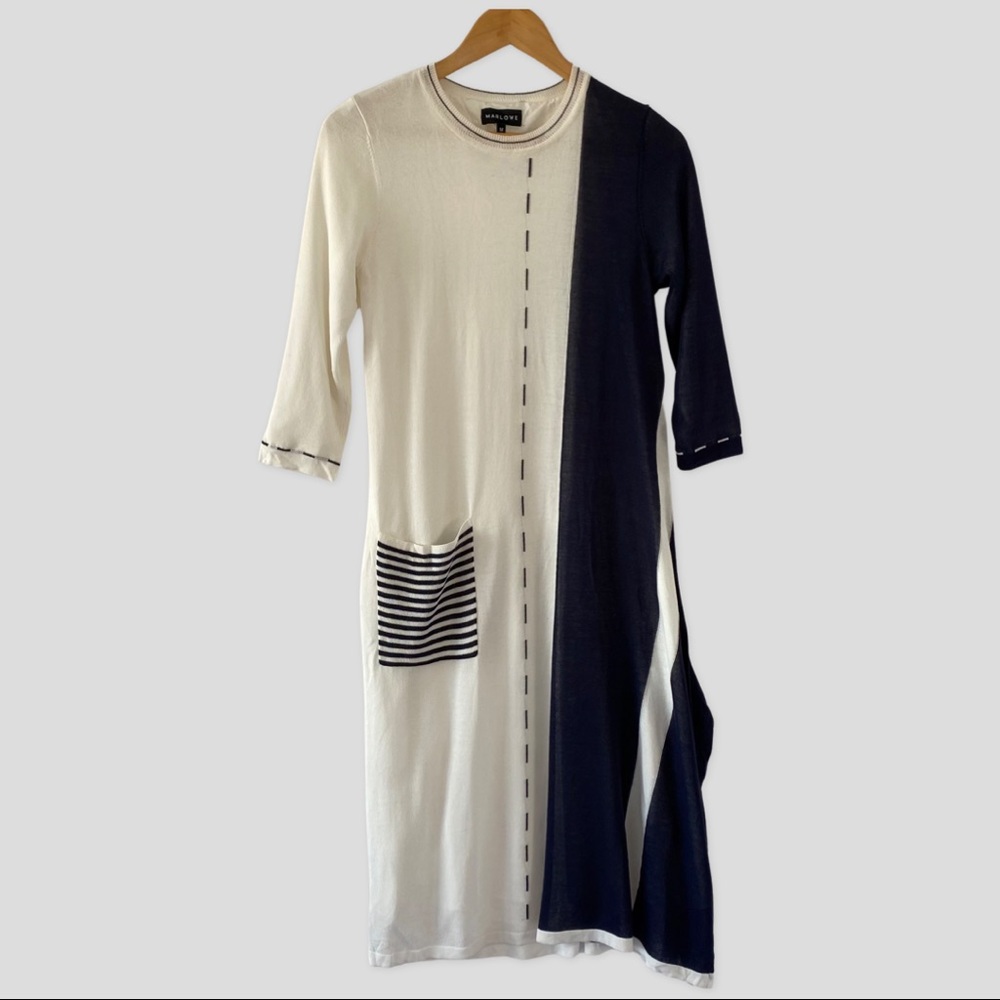 Marlowe White/ Navy Knit Lined 3/4 Sleeve Asymmetric Midi Dress M